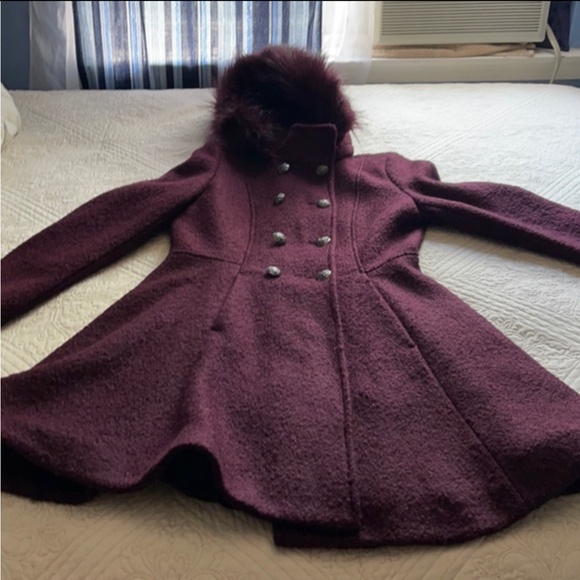 Liz Claiborne Double-Breasted Plum Coat with Fur Trimmed [zip-off] Hood - Picture 1 of 11